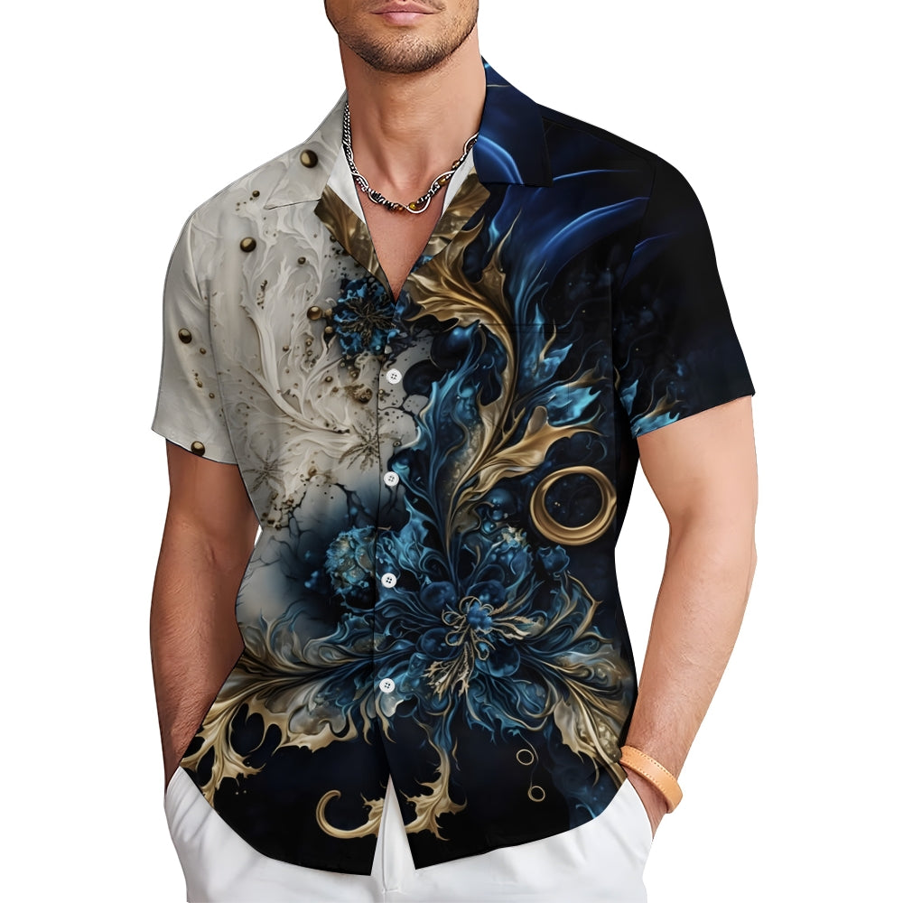 Hawaiian Gilded Art Floral Print Men's Button Pocket Short Sleeve Shirt 2405000202