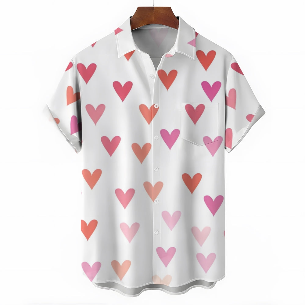 Valentine's Day Pink Heart Print Short Sleeve Shirt 2412008021