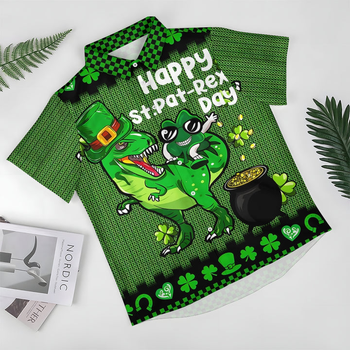 Four Leaf Clover Happy St. Patrick's Day Dinosaur Print Short Sleeve Shirt 2411002288