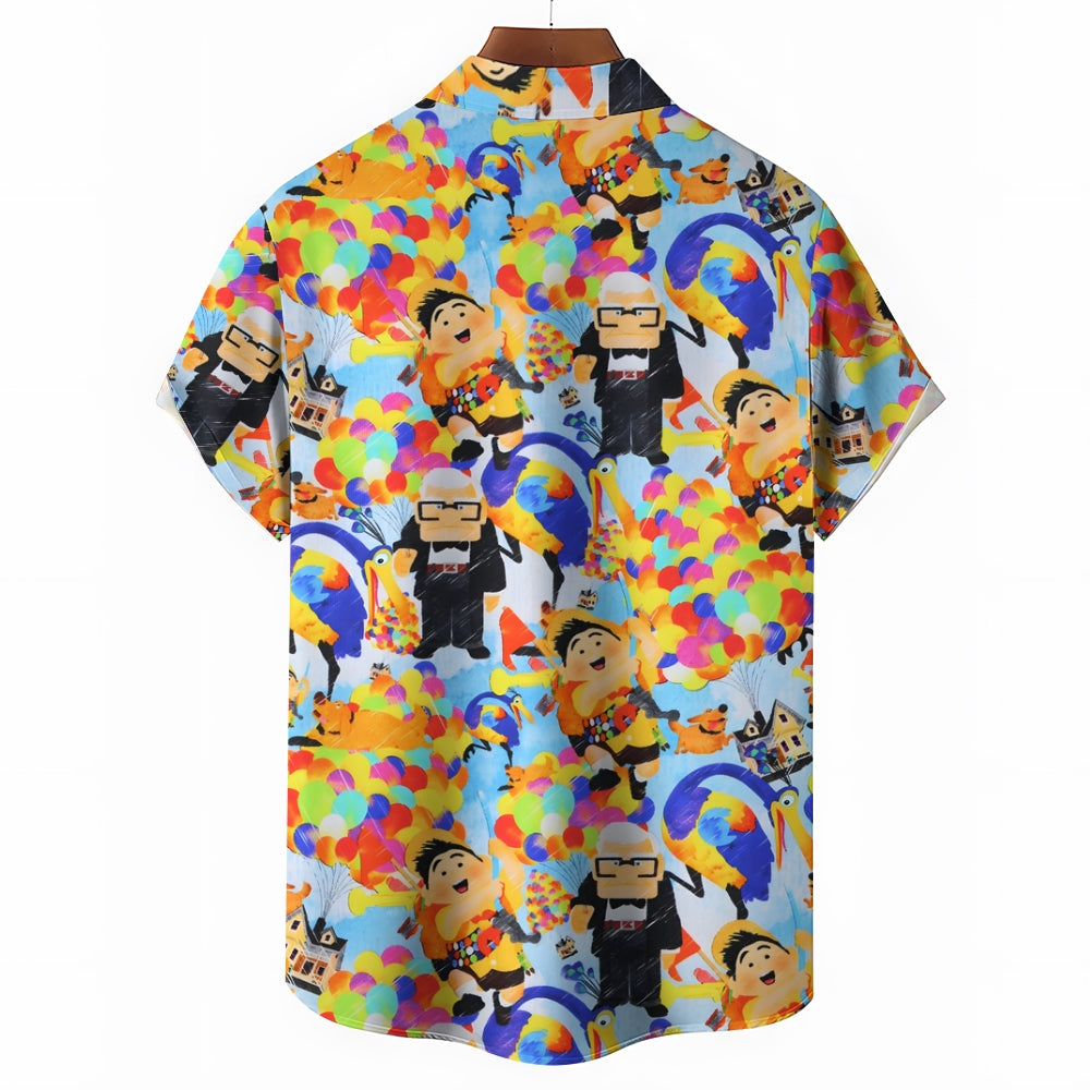 Cartoon Flying House Balloon Print Casual Short Sleeve Shirt 2408007172