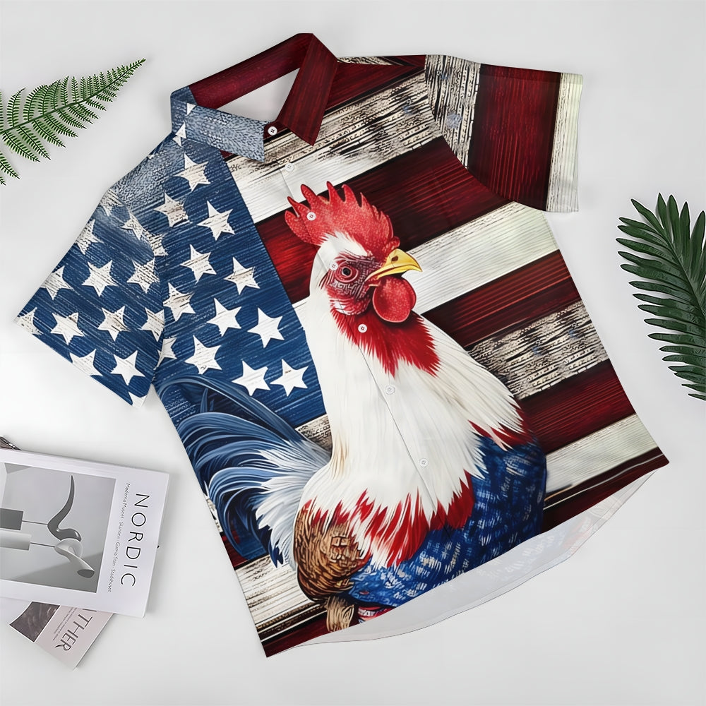 Rooster Flag Print Patriotic Casual Short Sleeve Shirt 2405002093