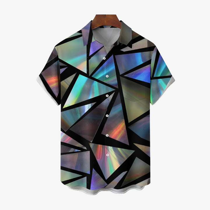 Triangle Color Reflective Print Chest Pocket Short Sleeve Shirt 2411005864