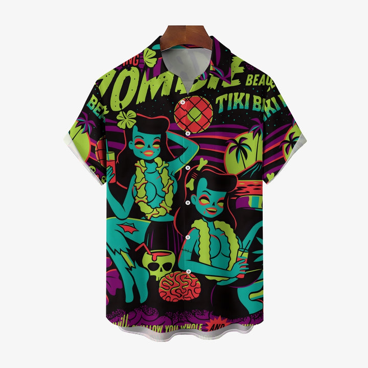 Men's Zombie Girl TIKI Art Print Casual Short Sleeve Shirt 2404000930