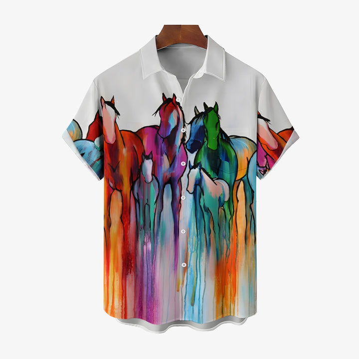 Colorful Horse Art Print Casual Oversized Short Sleeve Shirt 2407002251