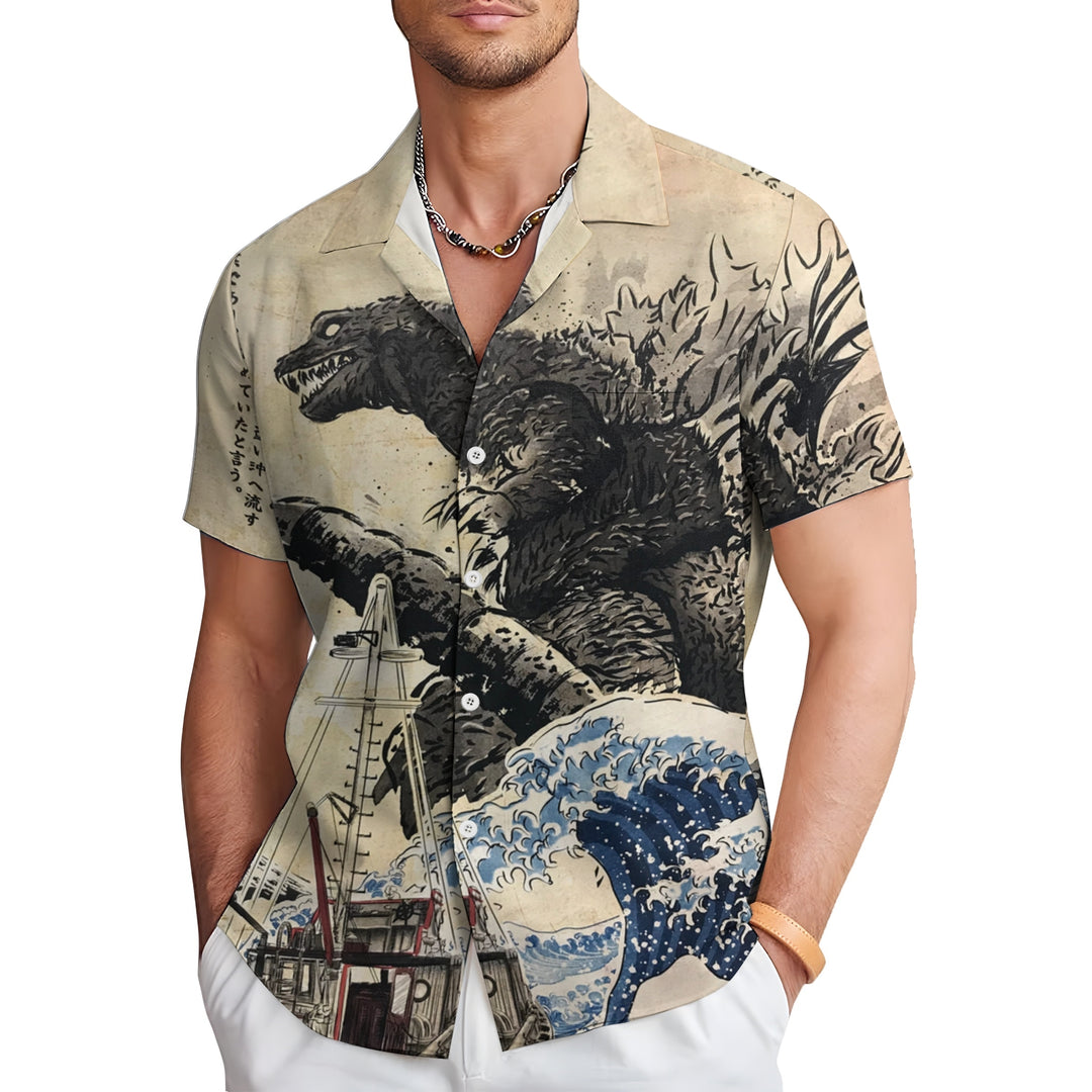 Ukiyo-e Monster Godzilla Casual Short Sleeve Shirt 2404001803