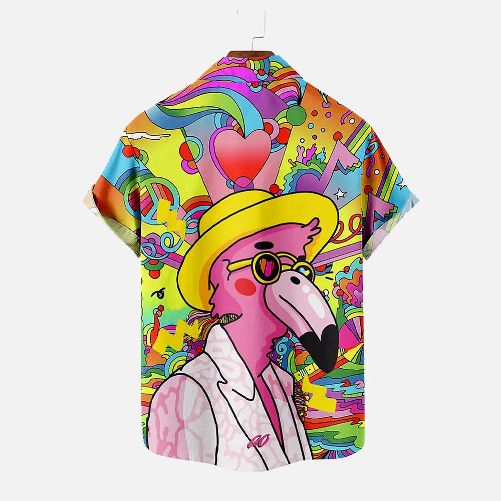 Psychedelic Rock Flamingo Print Hawaiian Short Sleeve Shirt