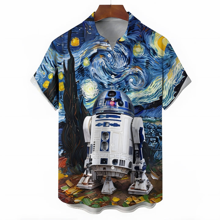 Starry Sky Art Robot Print Casual Short Sleeve Shirt 2412006939