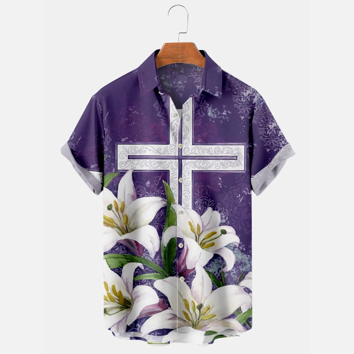 Easter Cross Lily Print Plus Size Men's Holiday Shirt