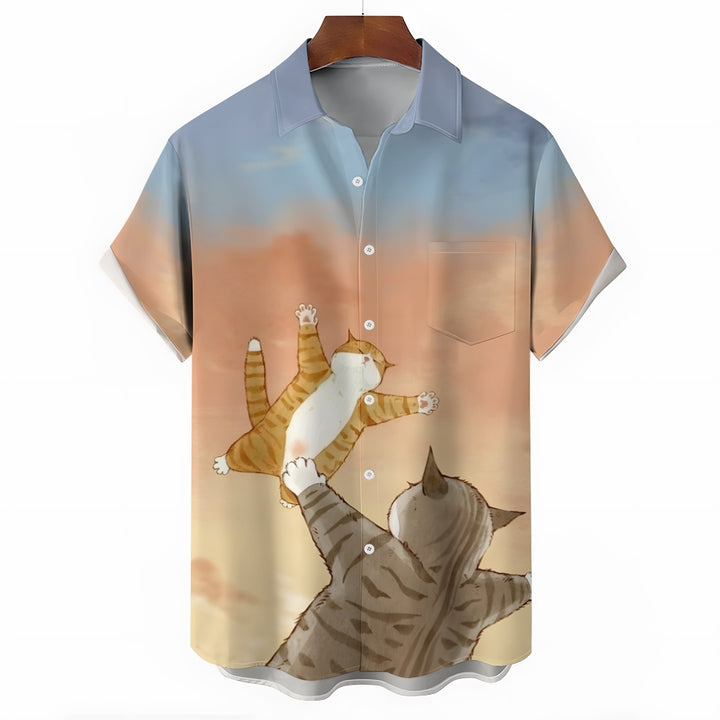Cat Cartoon Print Casual Large Size Short Sleeve Shirt 2407000457