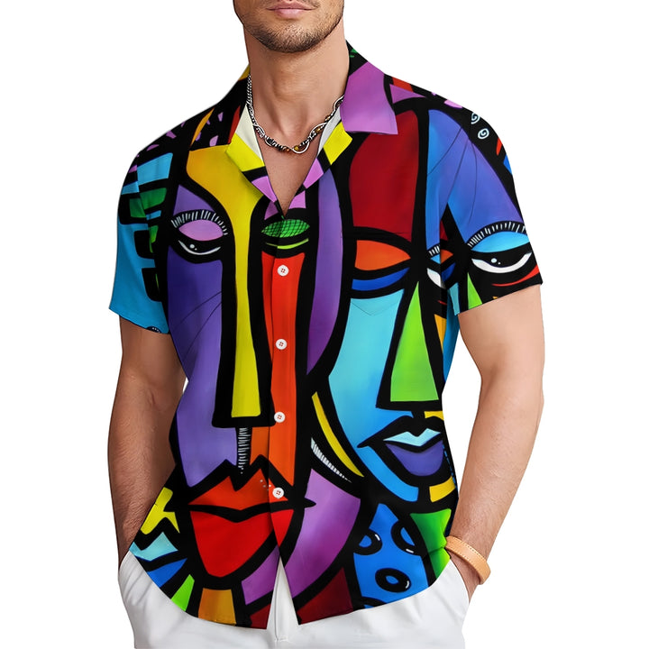 Geometric Abstract Face Casual Short-Sleeved Shirt 2409006098