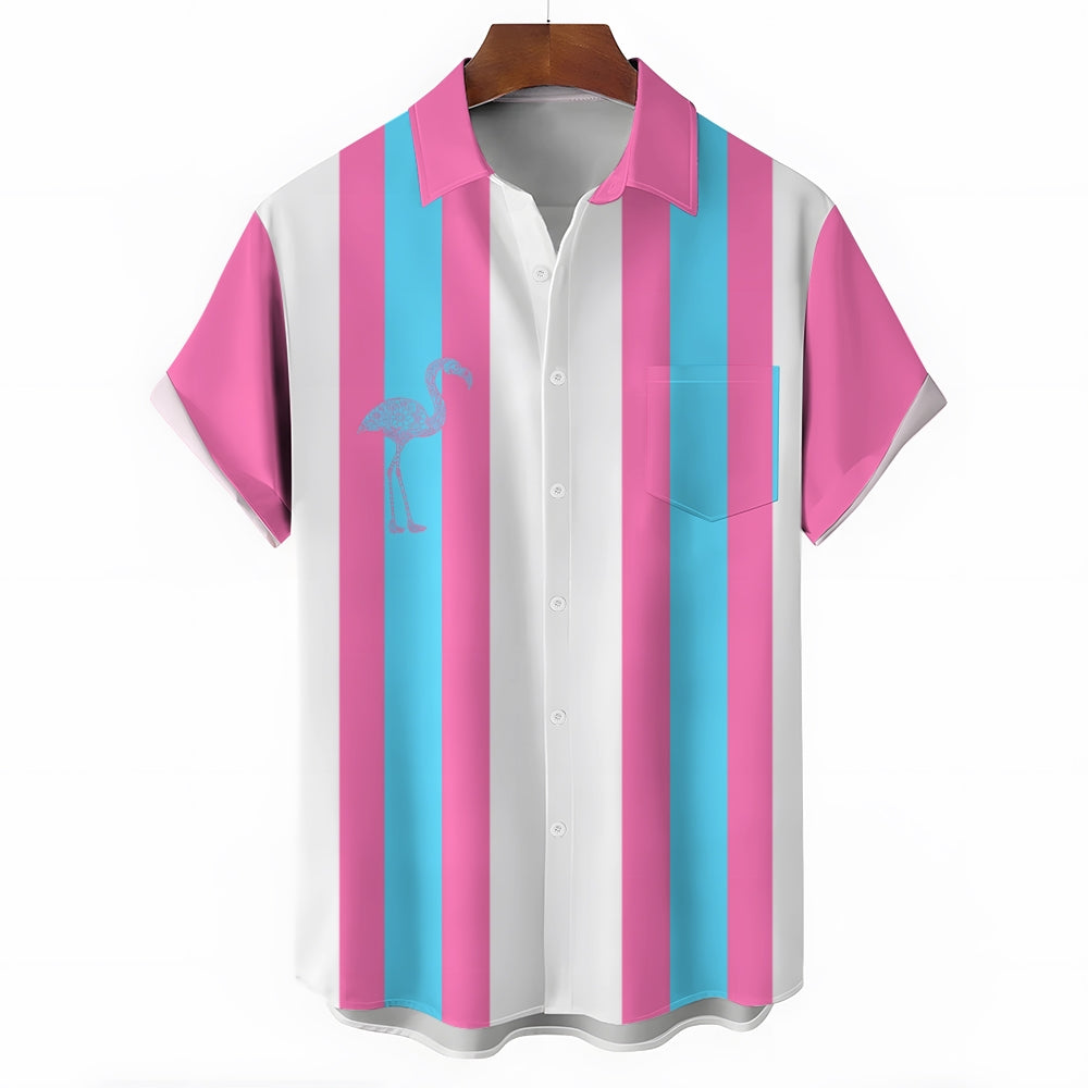 Flamingo Stripe Print Casual Bowling Shirt 2410005839