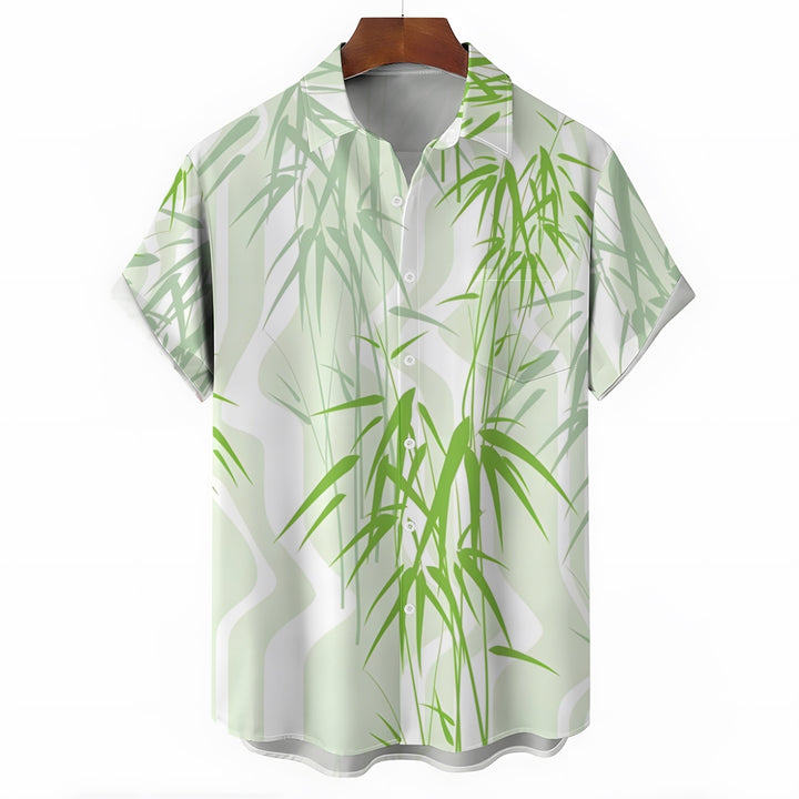 Men's Green Bamboo Art Print Casual Short Sleeve Shirt 2412003833