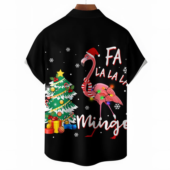 Christmas Tree And Flamingo Print Casual Short Sleeve Shirt 2411008547