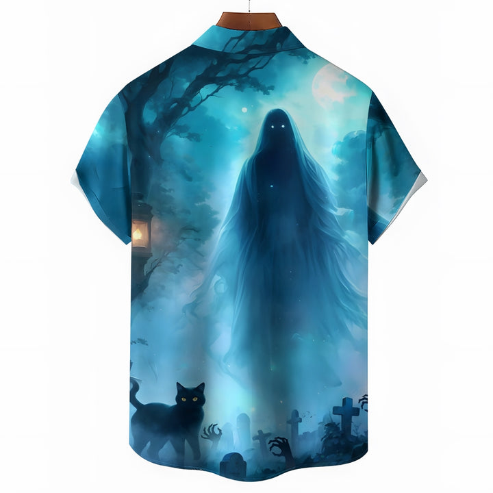 Halloween Grim Reaper Ghost And Black Cat Short Sleeve Shirt 2408006954