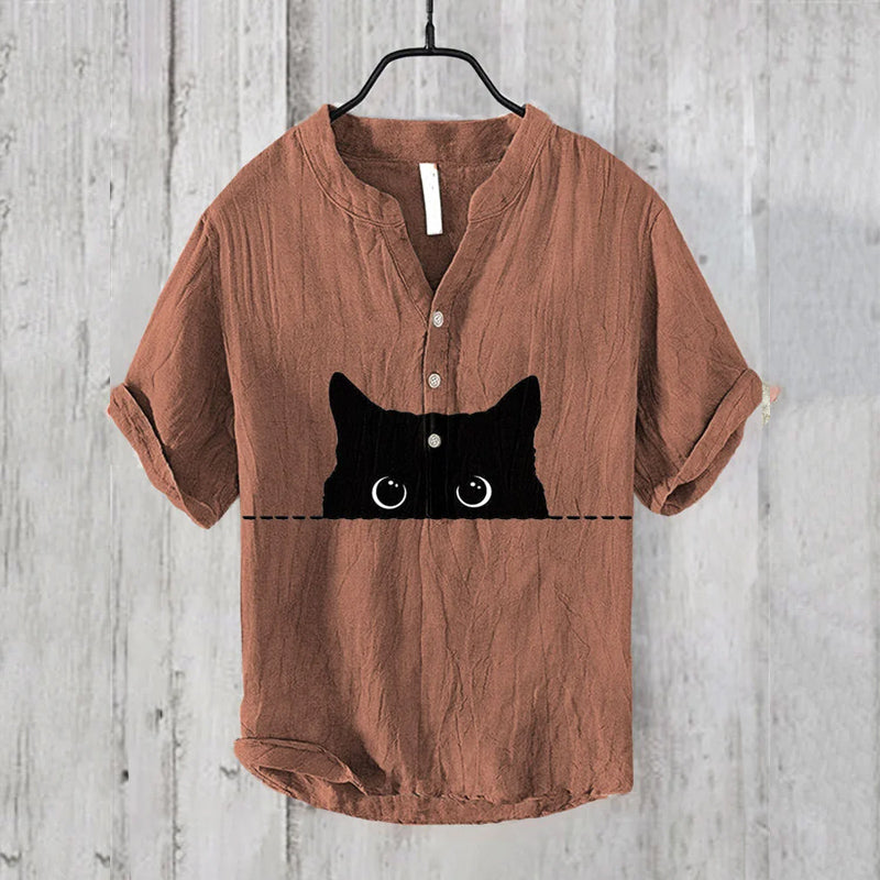 Men's Art Black Cat Print Cotton Blend Shirt