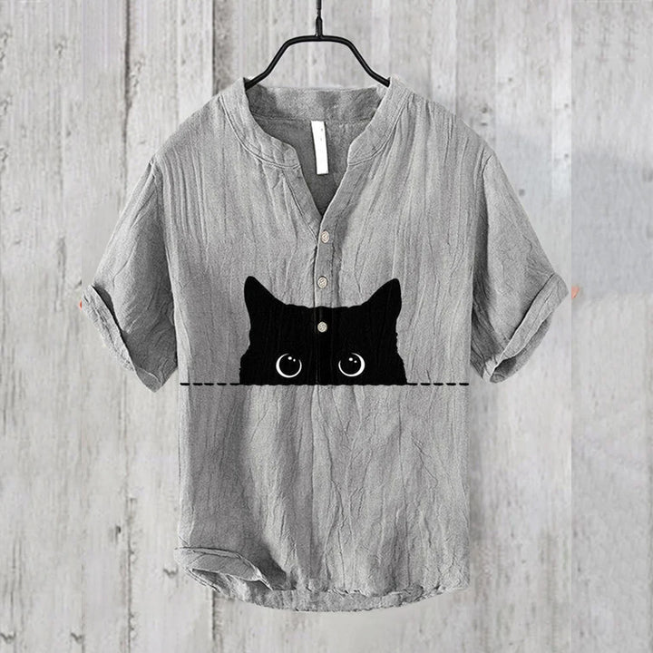 Men's Art Black Cat Print Cotton Blend Shirt