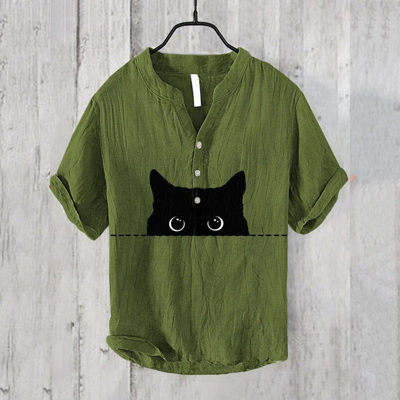 Men's Art Black Cat Print Cotton Blend Shirt