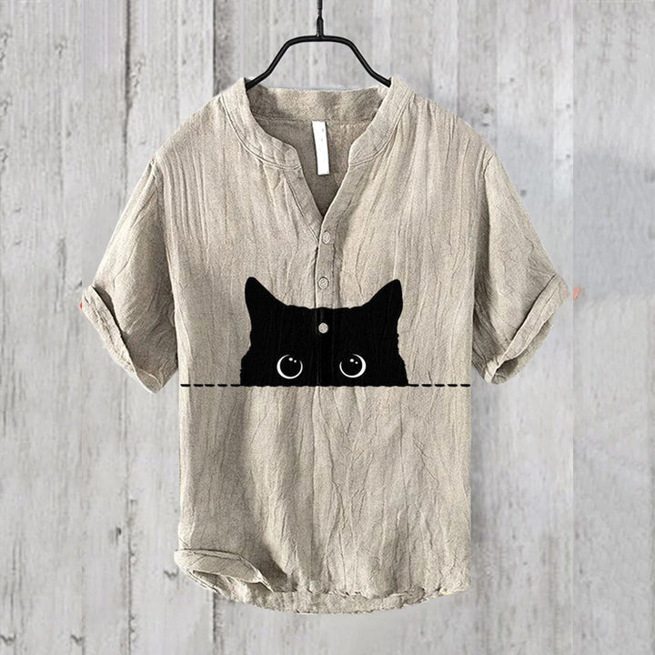 Men's Art Black Cat Print Cotton Blend Shirt