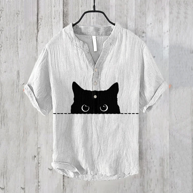 Men's Art Black Cat Print Cotton Blend Shirt