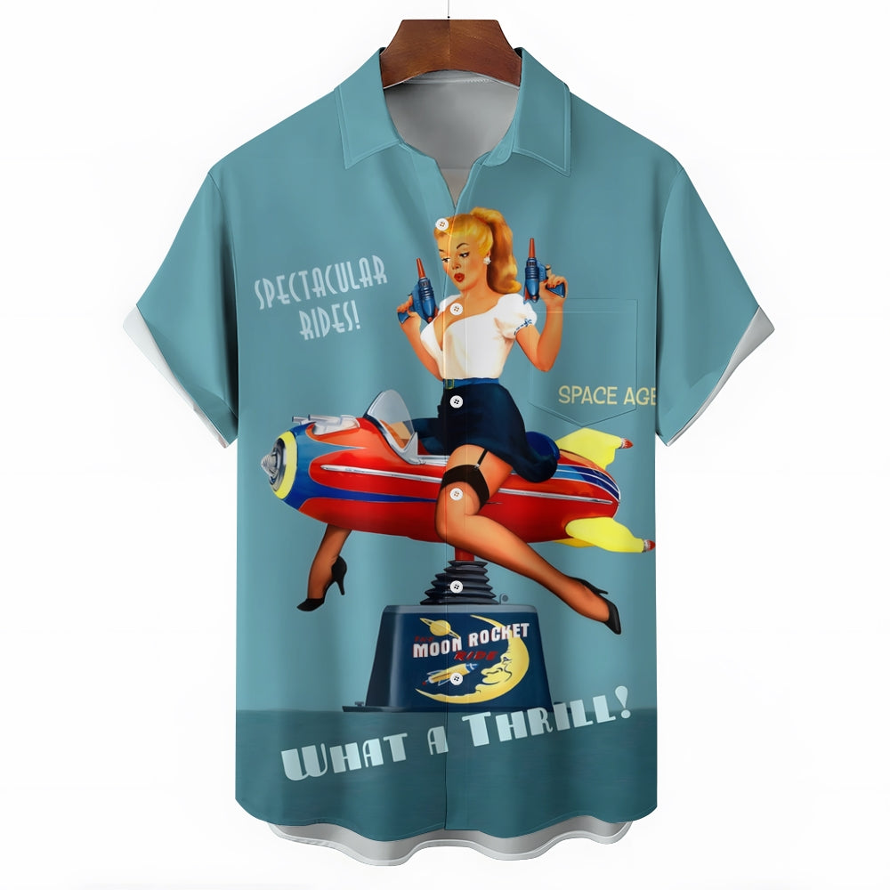 Retro Poster Rocket Sexy Girl Print Short Sleeve Shirt 2411008514