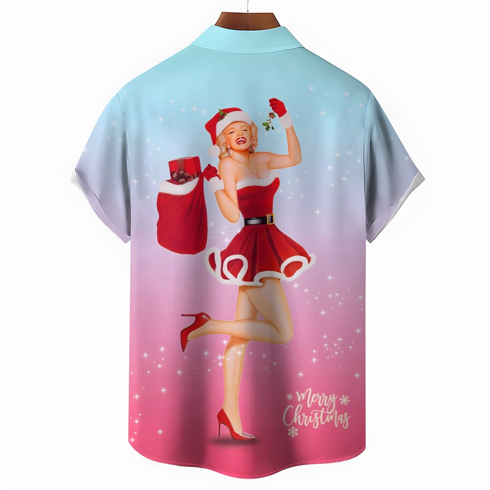 Merry Christmas Girl Gradient Print Casual Short Sleeve Shirt 2411008150