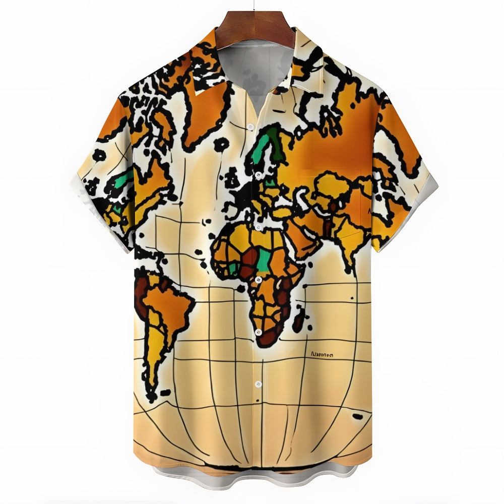 World Map Art Print Casual Short Sleeve Shirt 2409004531