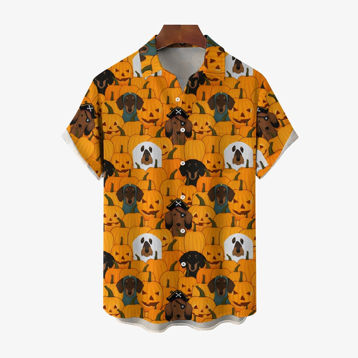 Halloween Pumpkin Puppy Print Short Sleeve Shirt 2408002274