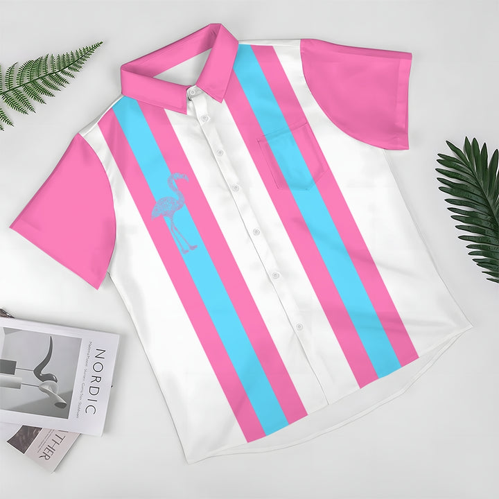 Flamingo Stripe Print Casual Bowling Shirt 2410005839