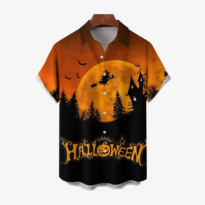 Halloween Flying Witch Print Short Sleeve Shirt 2408007018