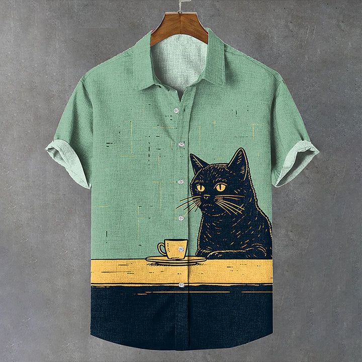 Retro Black Cat Chilling Coffee Art Linen Blend Shirt 2411000818