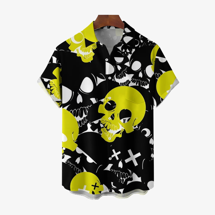 Skull Contrast Print Chest Pocket Short Sleeve Shirt 2411006340