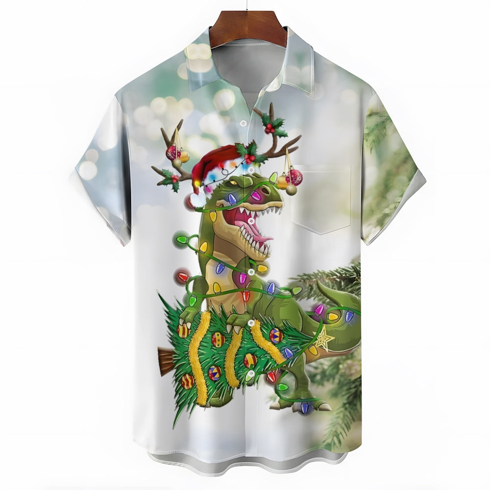 Christmas Tyrannosaurus Rex Print Casual Short Sleeve Shirt 2408009544