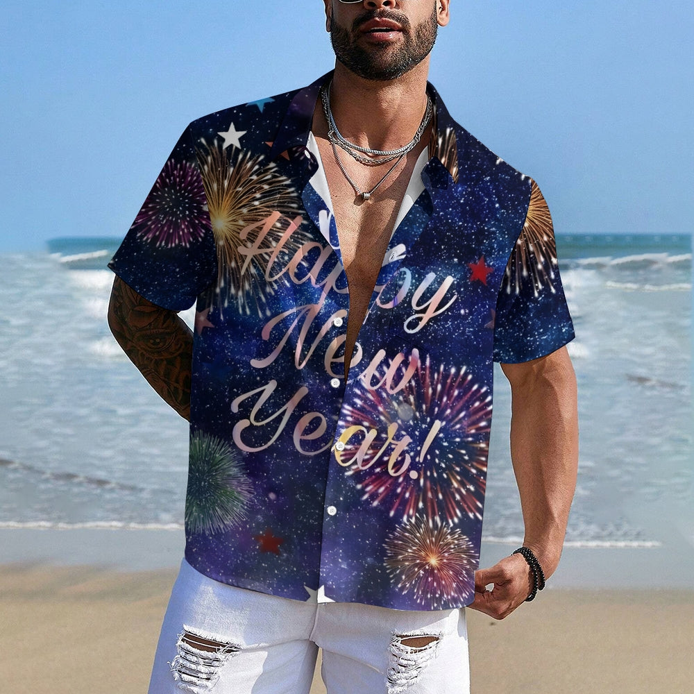 Happy New Year Fireworks Print Casual Short Sleeve Shirt 2410009056