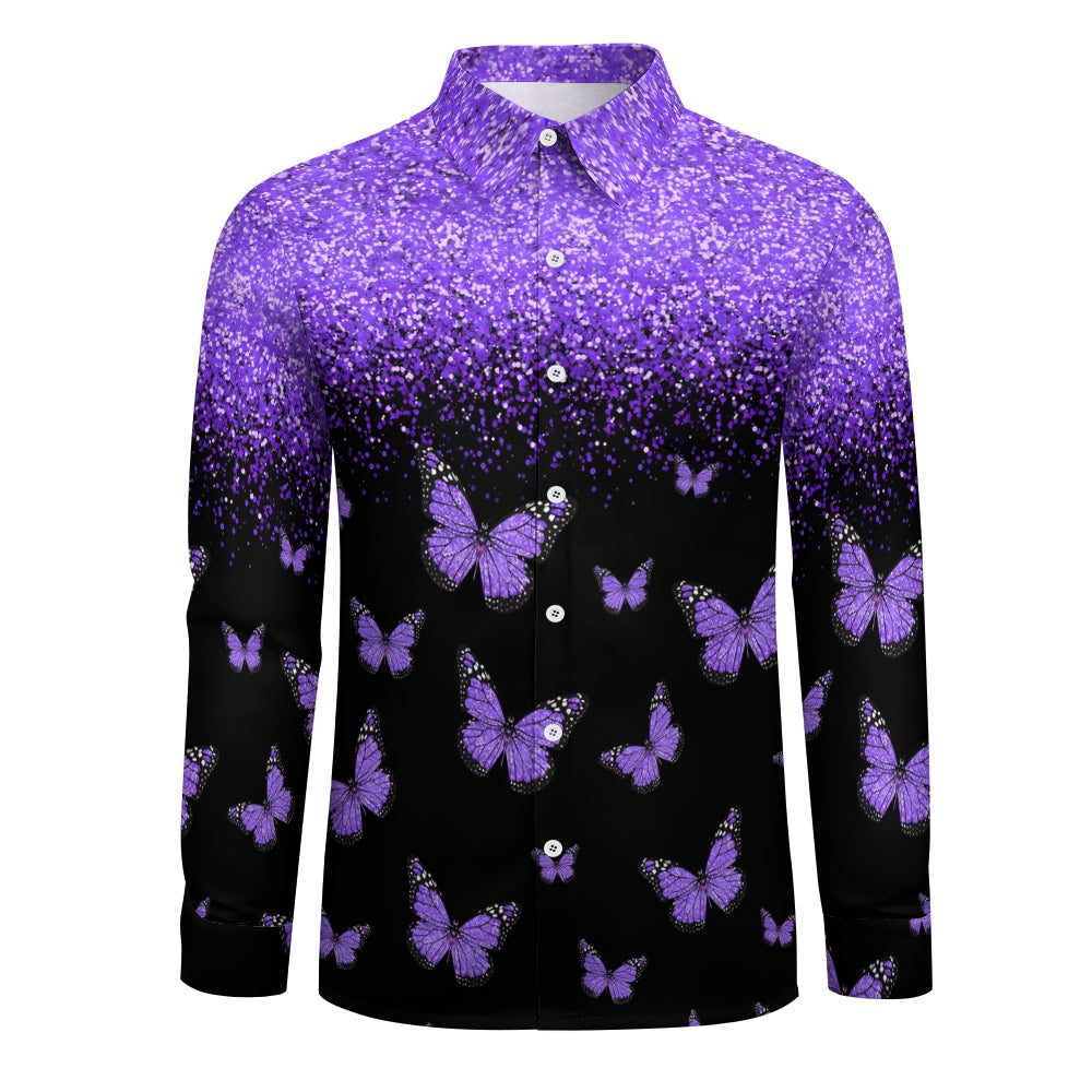 Men's Purple Glitter Butterfly Printed Long Sleeve Shirt 2412005344