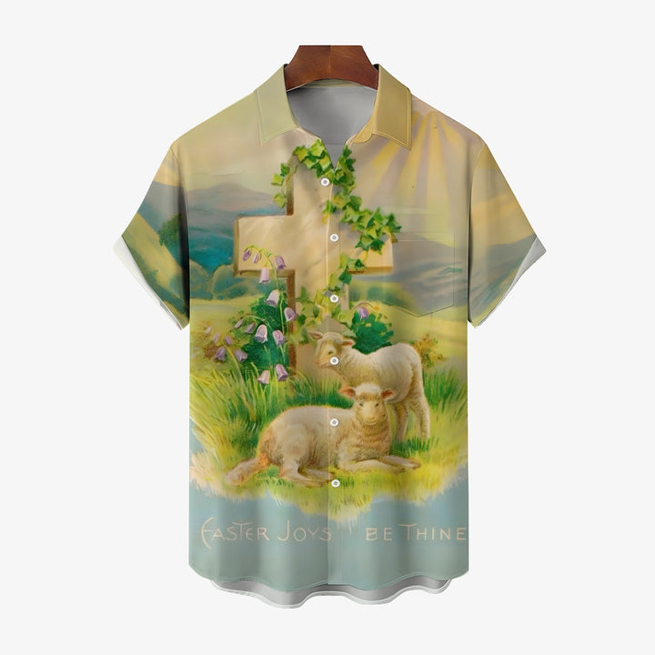 Easter Sheep Cross Print Casual Short Sleeve Shirt 2412010139