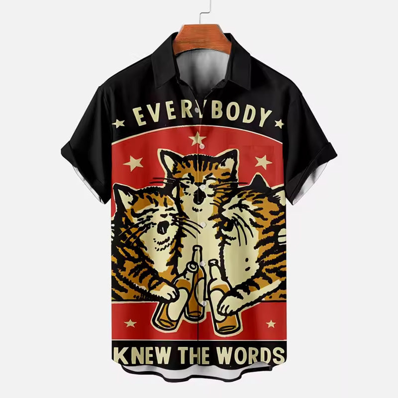 Men's Funny Cat Animal Printed Short Sleeve Shirt