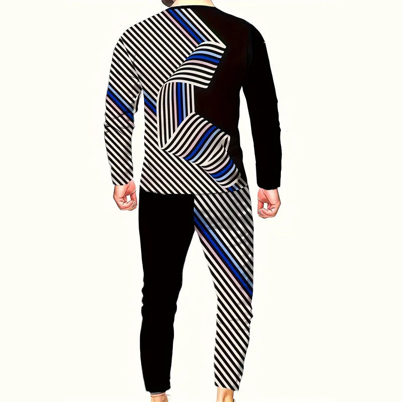 Men's Stripe Pattern Long Sleeve T-shirt & Pants Set