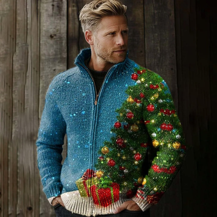 Retro Christmas Tree Print Stand Collar Zipper Knit Jacket 2412002760