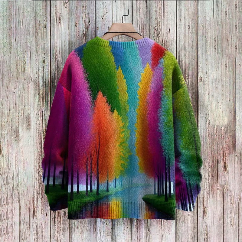 Multicolor Tree Art Print Casual Knit Pullover Sweater