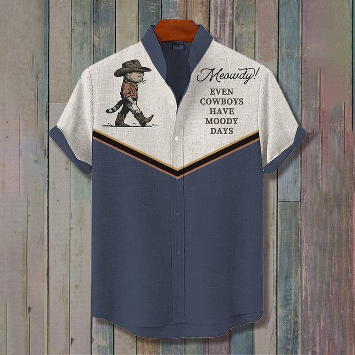 Men's Western Cowboy Cat Contrast Color Art Print Shirt