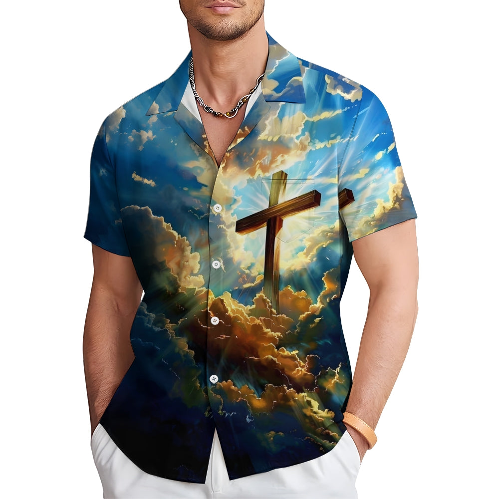 Cross Print In The Clouds Casual Easter Shirt 2412008949