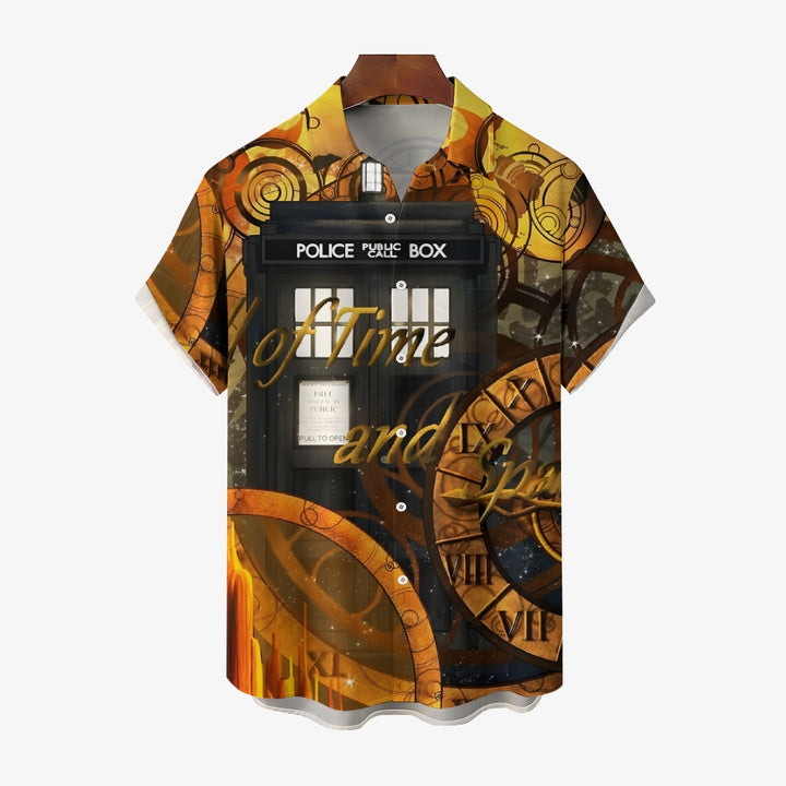 Eye-Catching Time Travel Checkered Print Hawaiian Short Sleeve Shirt 2404001917
