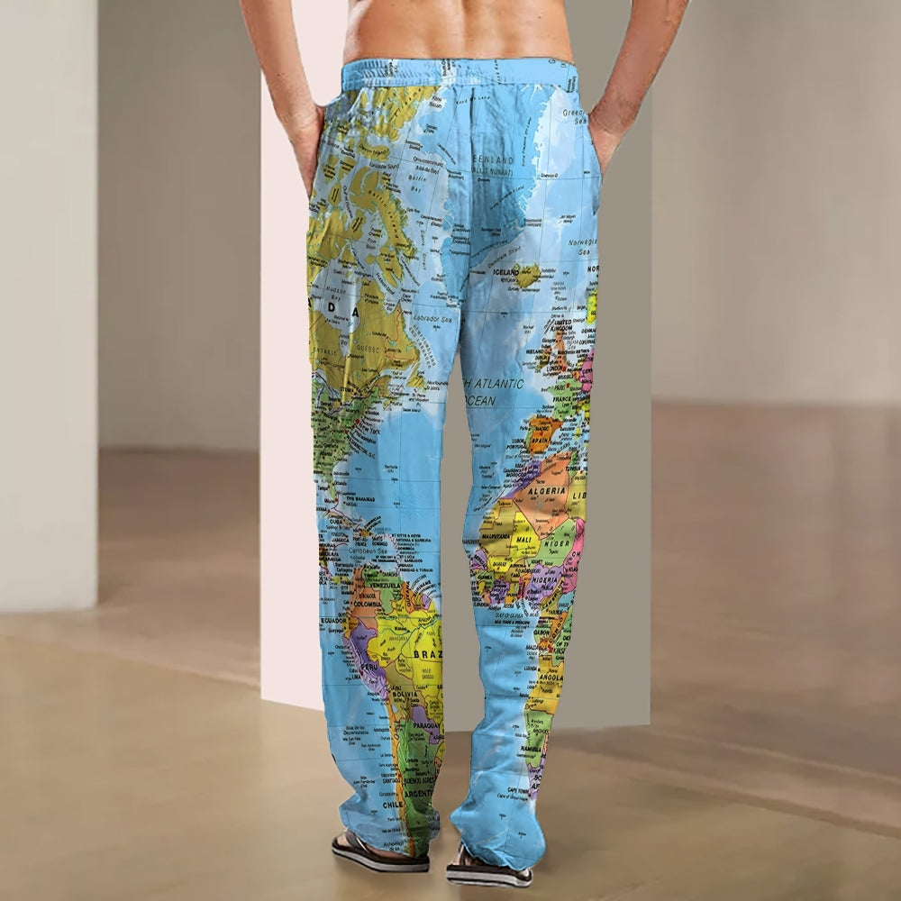 Men's Retro Map Print Casual Long Pants 2411004099