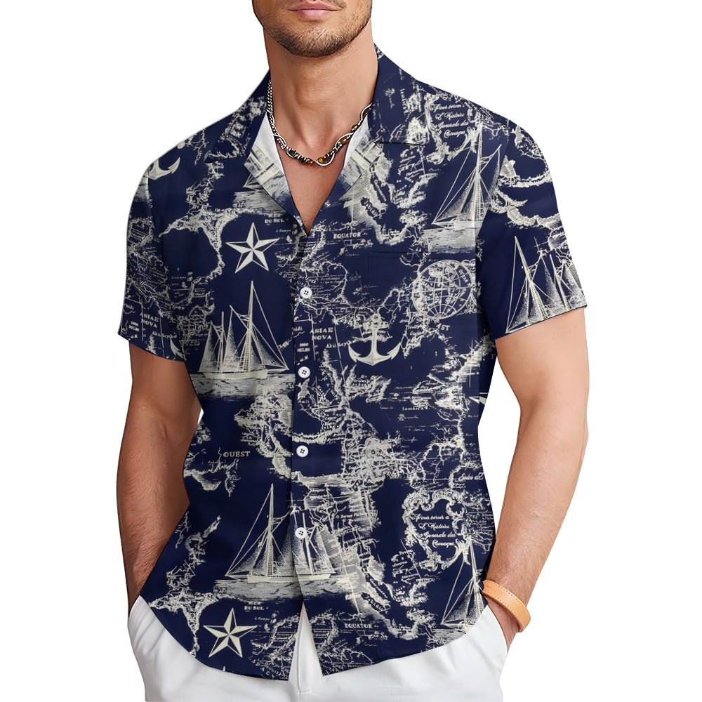 Sailing Sailboat Printed Casual Oversized Short Sleeve Shirt 2407000606