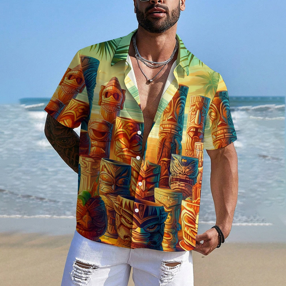 TIKI Art Print Men's Casual Short Sleeve Shirt 2405000466