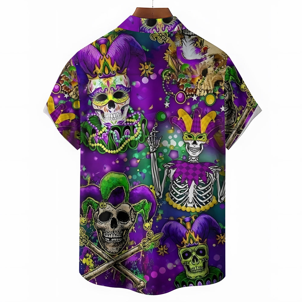 Mardi Gras Skull Art Print Casual Short Sleeve Shirt 2412005987