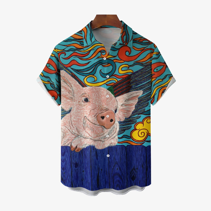 Flying Pig Cartoon Print Casual Large Size Short Sleeve Shirt 2407005325