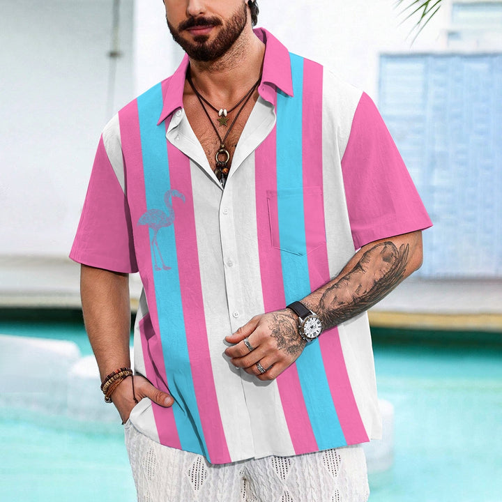 Flamingo Stripe Print Casual Bowling Shirt 2410005839