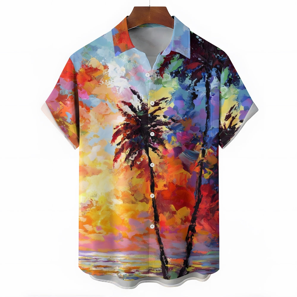 Hawaiian Coconut Tree Oil Painting Art Print Short Sleeve Shirt 2404001791