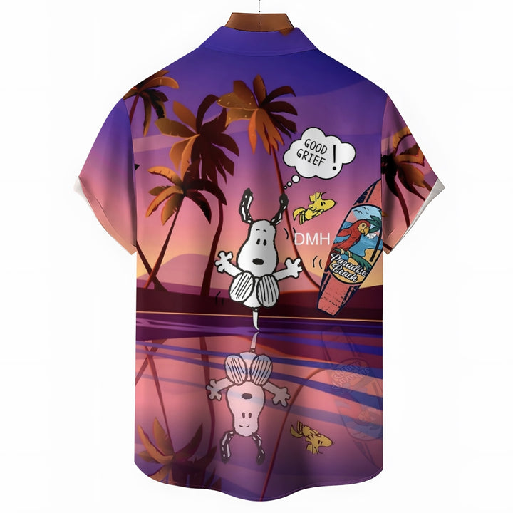 Men's Hawaiian Cartoon Puppy Diving Casual Short Sleeve Shirt 2408007561